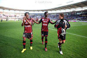 Joie de Eric MOULOUNGUI, Kafoumba COULIBALY et Anthony MOUNIER - TFC vs OGC Nice - 28/03/2010 - Chpt de France L1 2009-10. Photo: Manuel Blondeau/AOP.Press.